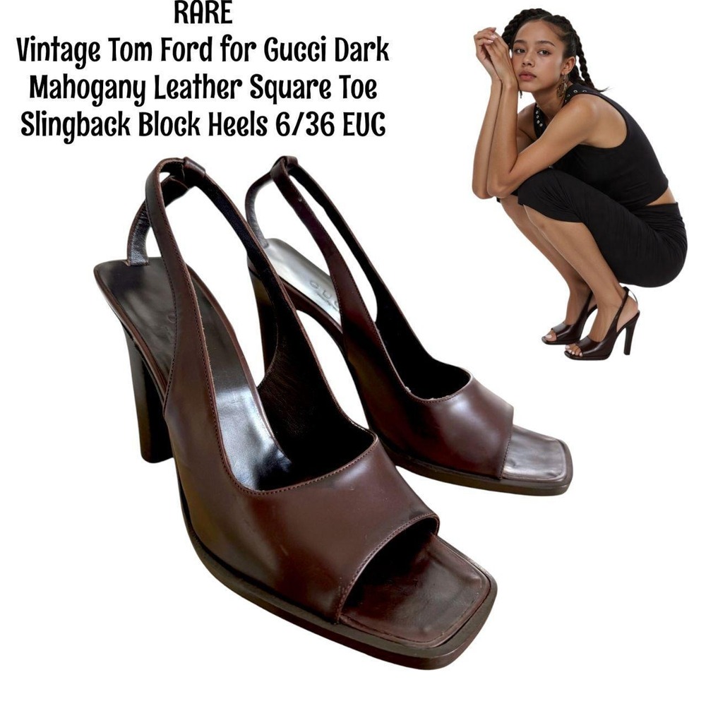 90s Tom Ford for Gucci Mahogany Leather Square Toe Slingback Block Heels  6 EUC